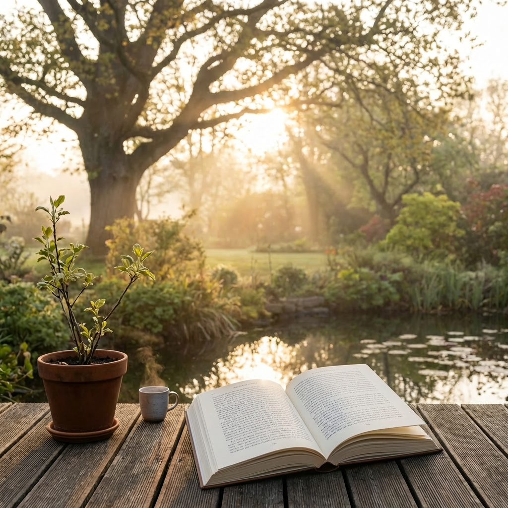 Open book, steaming mug, and potted plant on a wooden deck overlooking a sunlit garden pond.