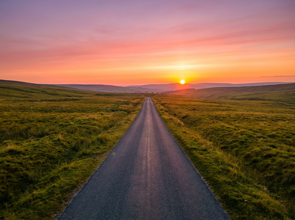A straight paved road stretching through green hills toward a vibrant sunset in a pink sky.