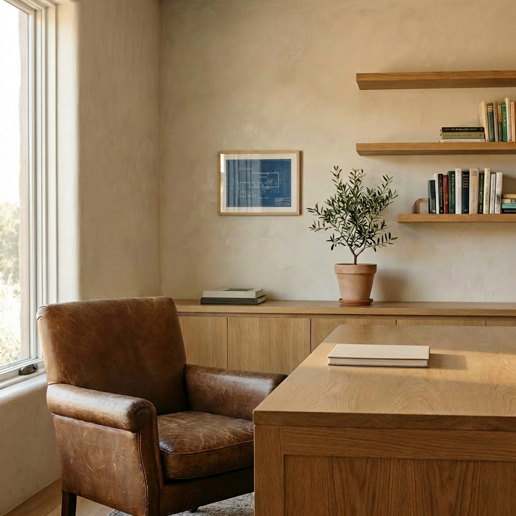 Minimalist home office with a wooden desk, leather chair, and potted olive tree.